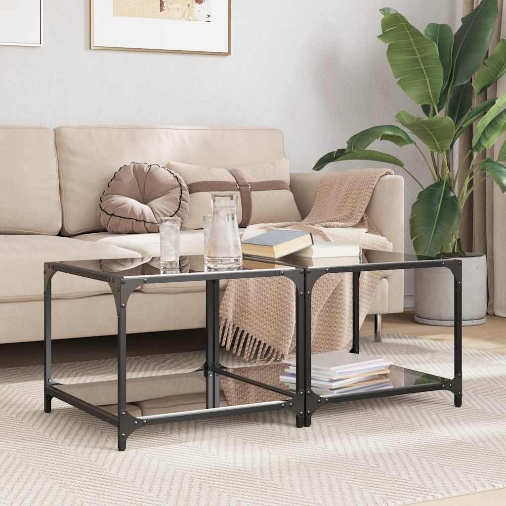 Mesas de centro c/ topo em vidro preto 2 pcs 50x50x40 cm aço