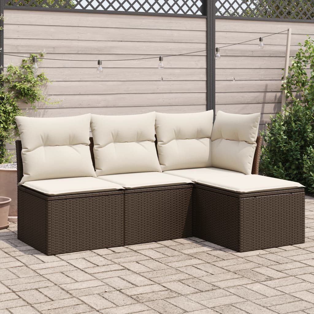 4 Pcs conjunto sofás de jardim c/ almofadões vime PE castanho
