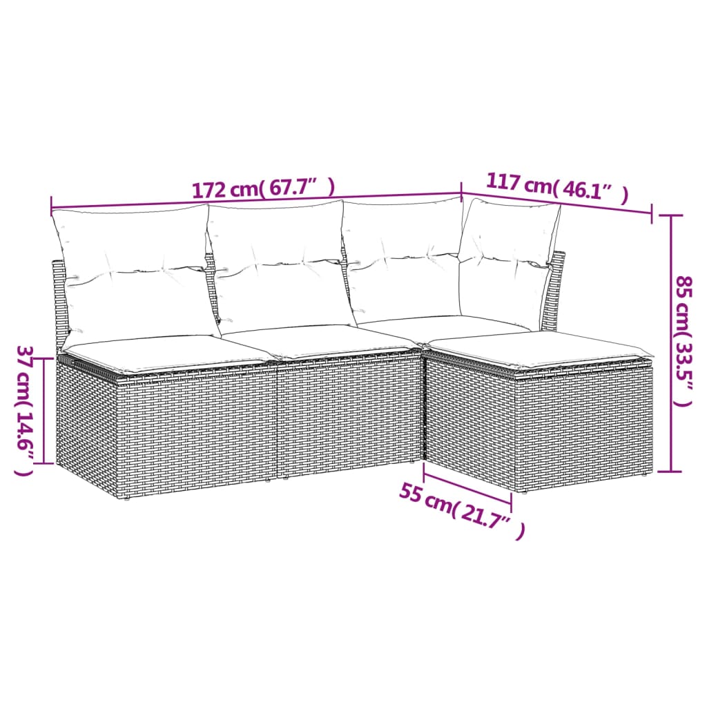 4 Pcs conjunto sofás de jardim c/ almofadões vime PE castanho