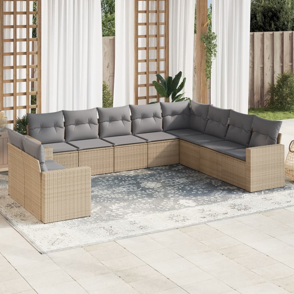 10 Pcs conjunto de sofás p/ jardim com almofadões vime PE bege