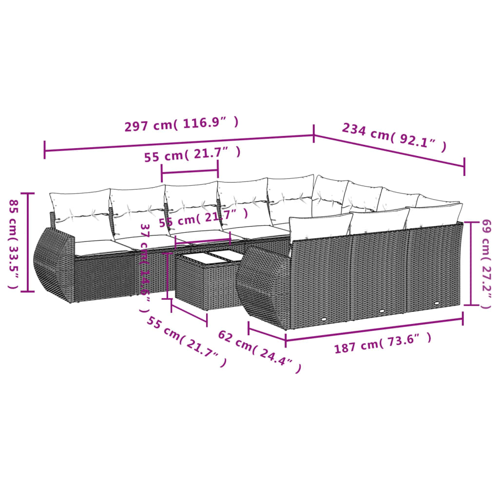 11 Pcs conjunto sofás de jardim c/ almofadões vime PE preto