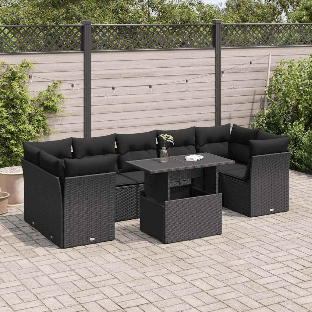8 Pcs conjunto sofás de jardim com almofadões vime PE preto