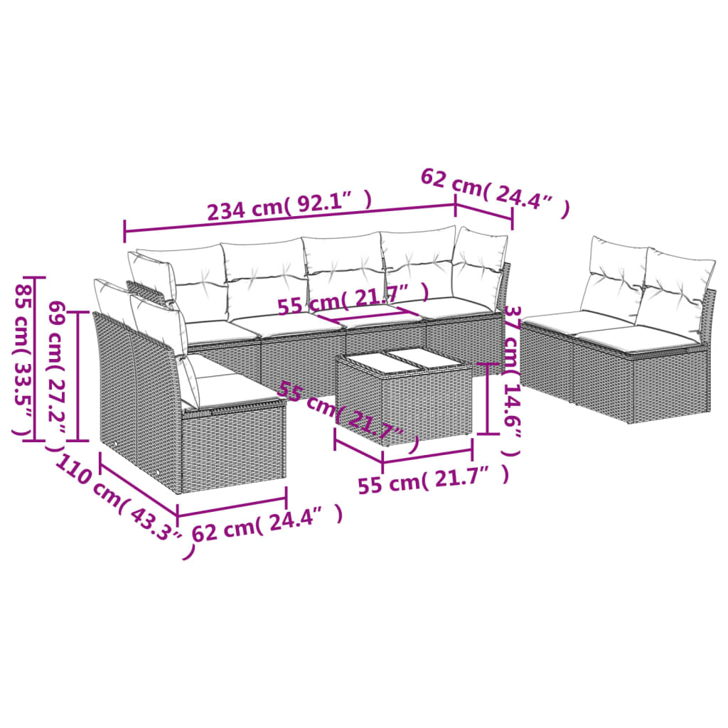 9 Pcs conjunto sofás p/ jardim com almofadões vime PE cinzento