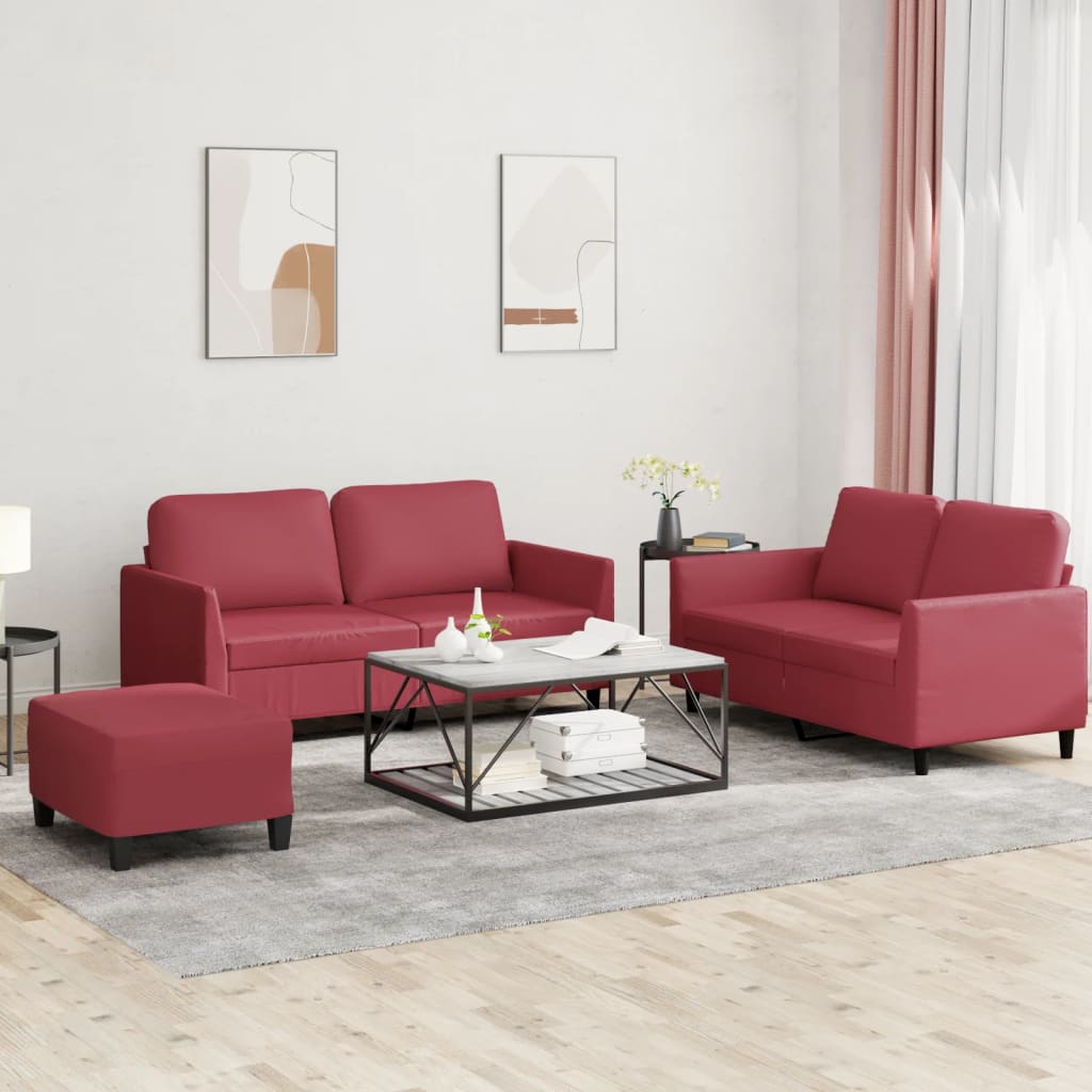3 Pcs conjunto sofás c/ almofadões couro artif. vermelho tinto