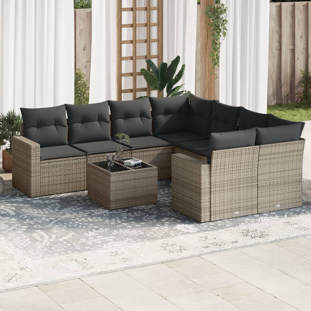 9 Pcs conjunto sofás p/ jardim com almofadões vime PE cinzento