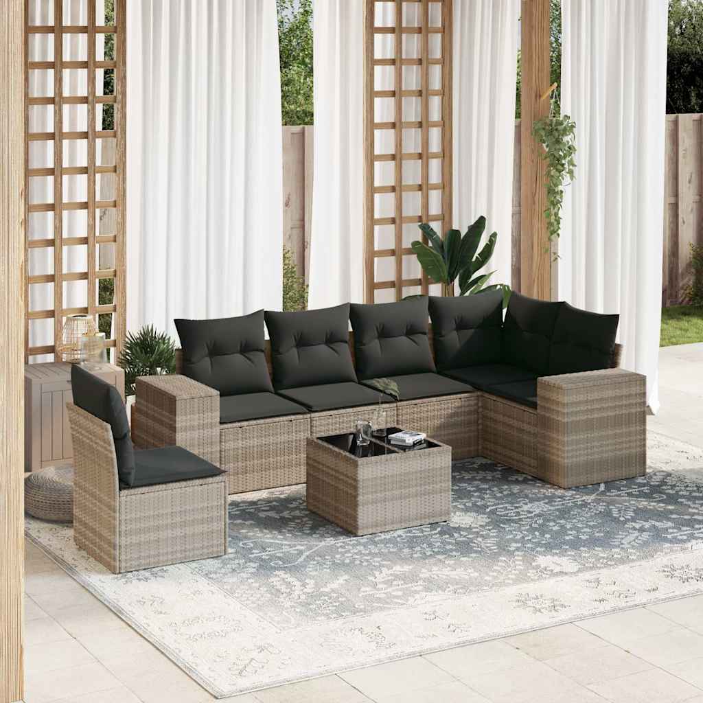 7 Pcs conj. sofás jardim com almofadões vime PE cinzento-claro