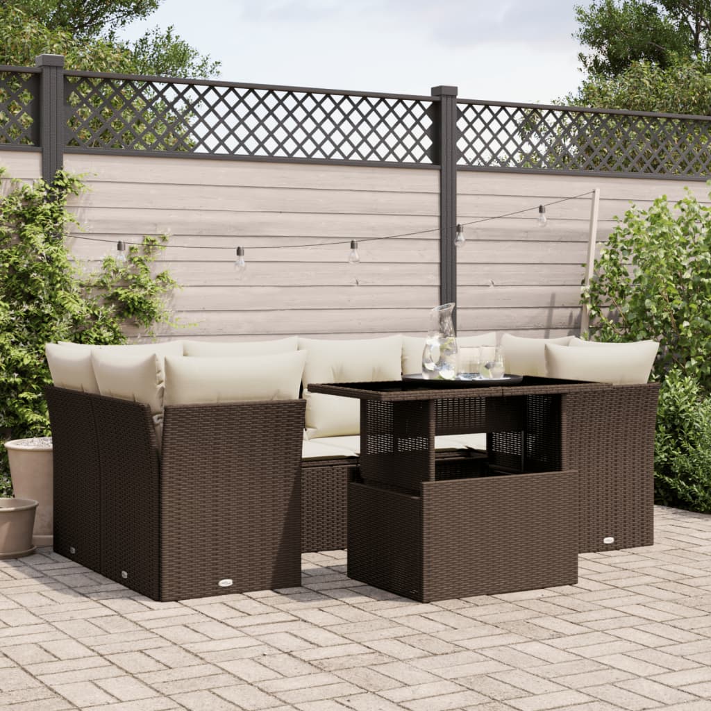 7 Pcs conjunto de sofás jardim c/ almofadões vime PE castanho