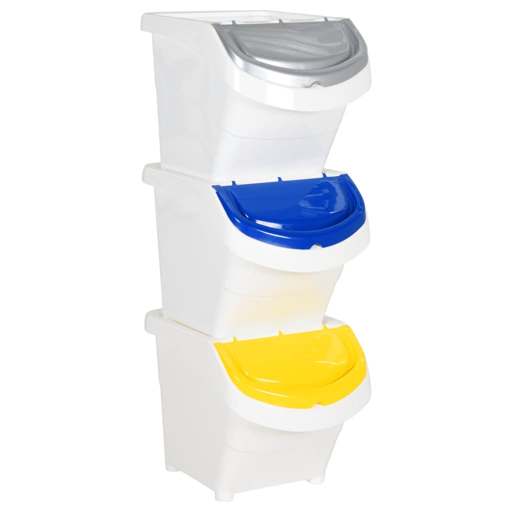 Caixotes do lixo com tampa empilháveis 3 pcs 78 l PP branco