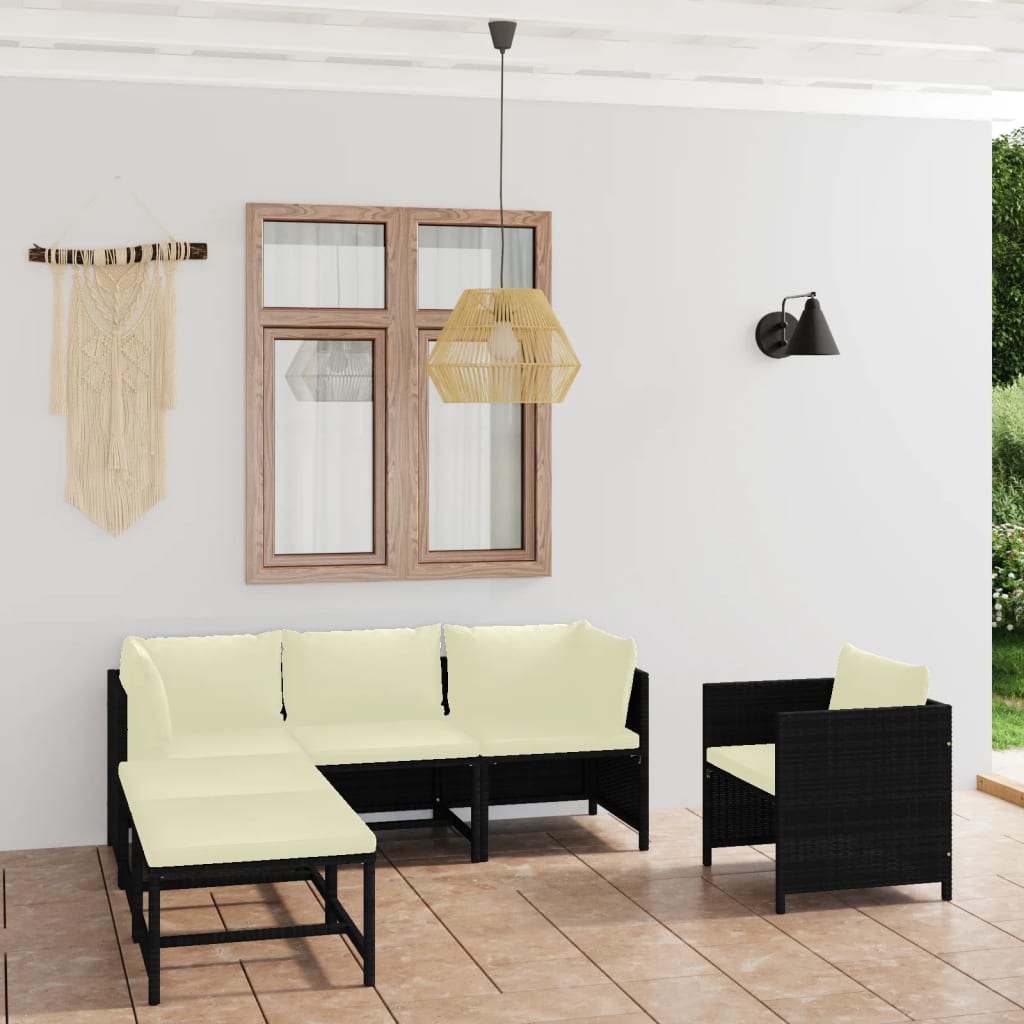 6 Pcs conjunto lounge de jardim c/ almofadões vime PE preto