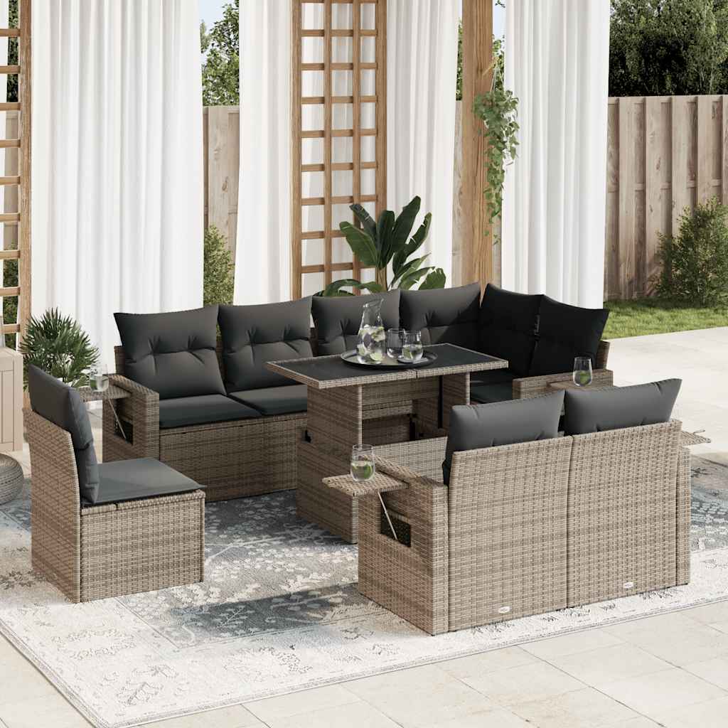 9 Pcs conjunto sofás p/ jardim com almofadões vime PE cinzento