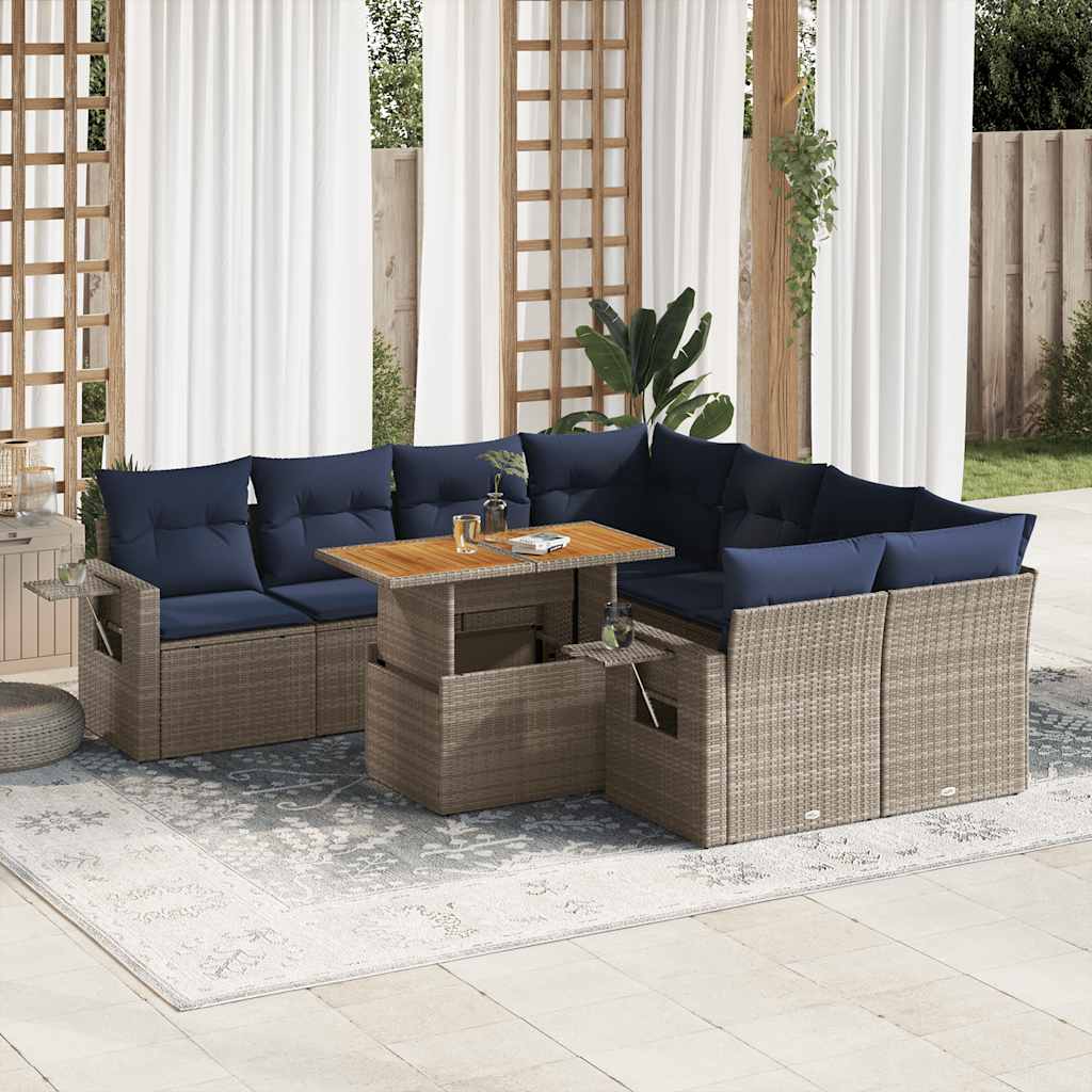 9 Pcs conjunto sofás p/ jardim com almofadões vime PE cinzento