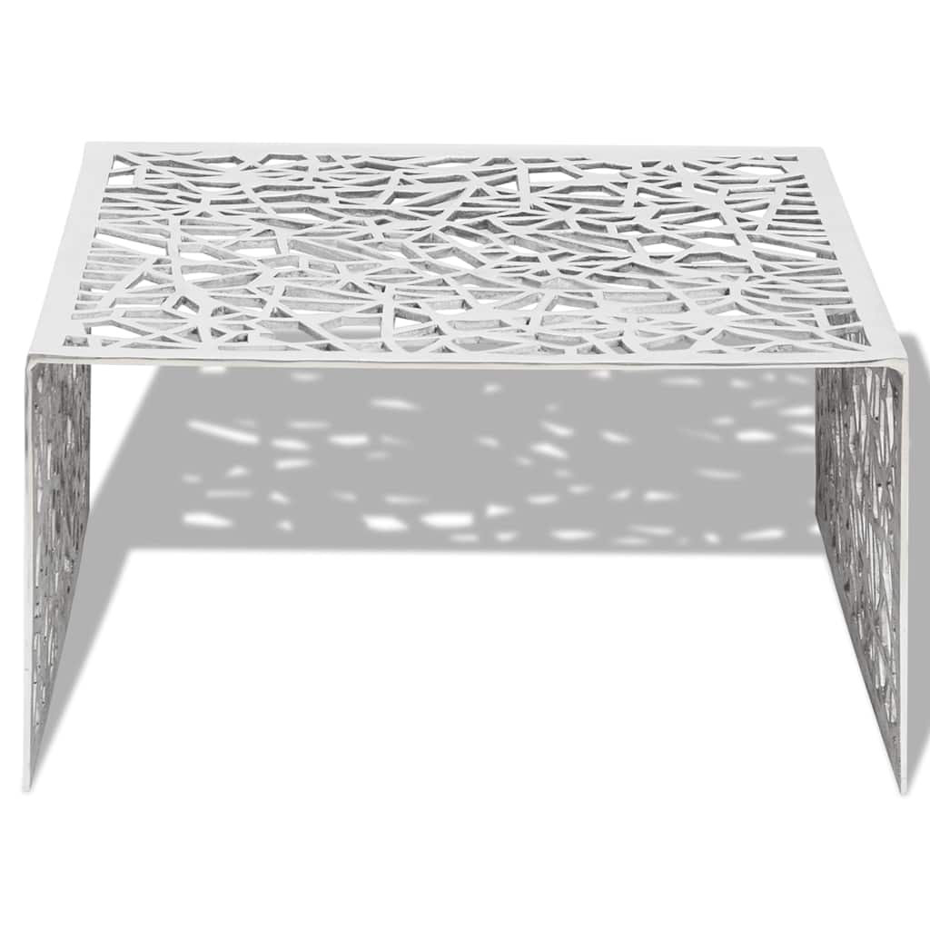 Mesa de centro em alumínio, design aberto e geométrico prateado