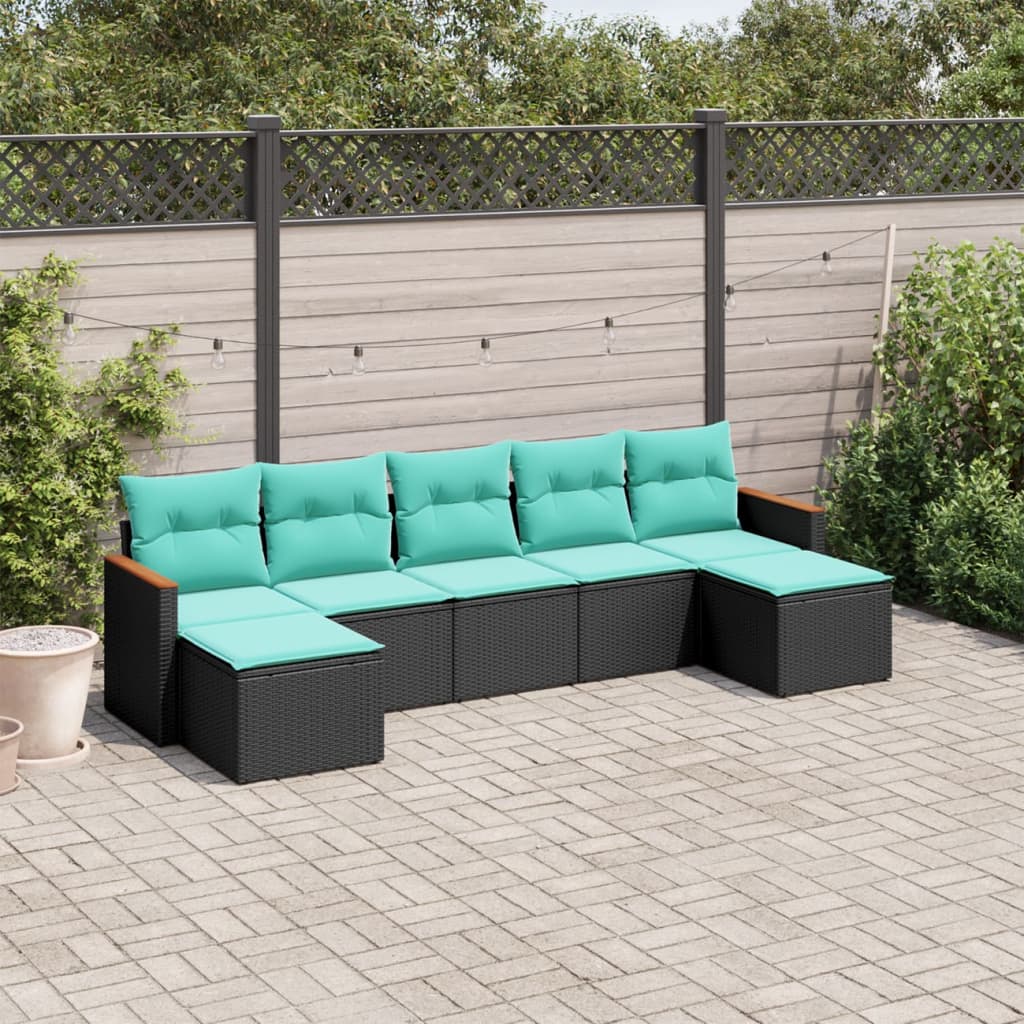 Conjunto de sofá de jardim com 7 peças e almofadas em rattan sintético preto