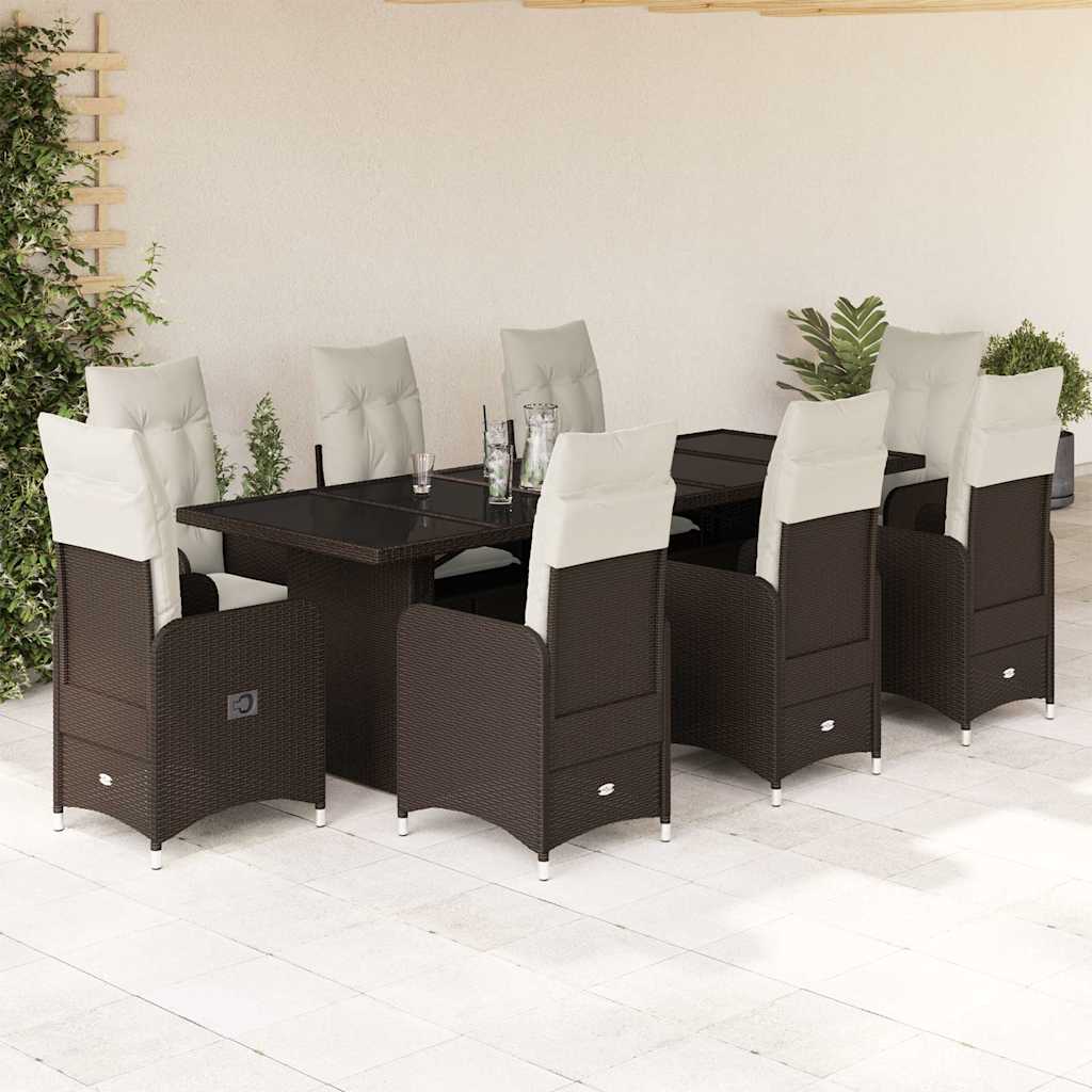 9 Pcs conjunto bistrô de jardim c/ almofadões vime PE castanho