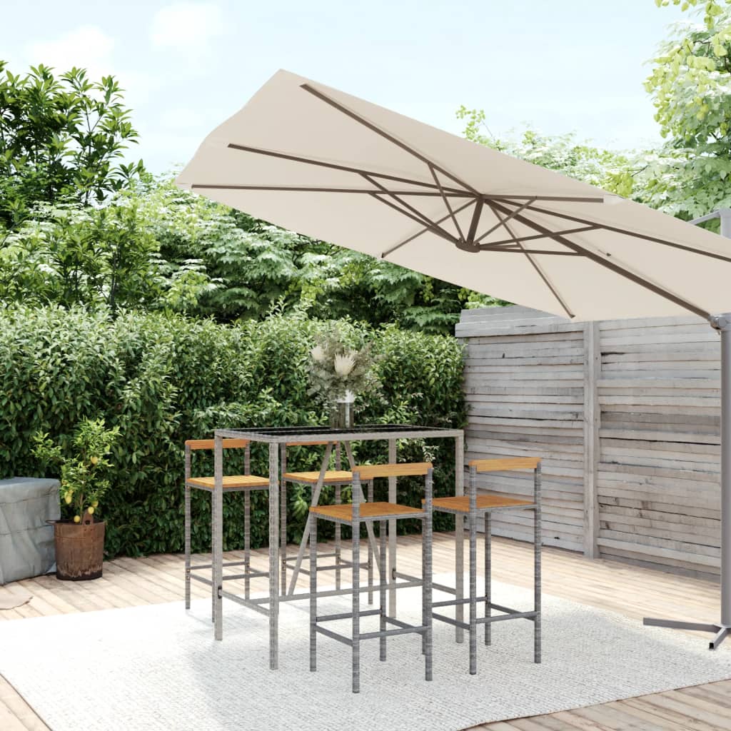 5 Pcs conjunto de bar p/ jardim vime PE/acácia maciça cinzento