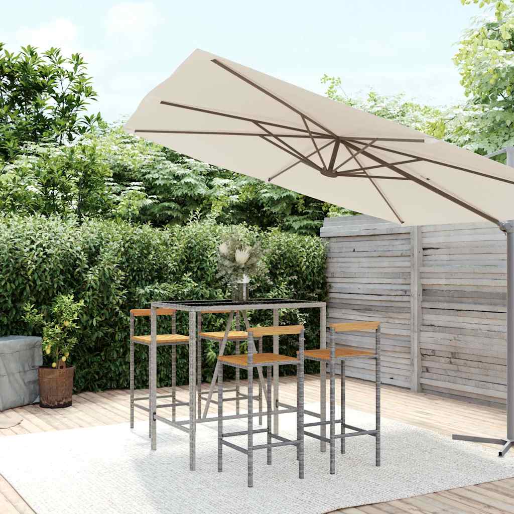 5 Pcs conjunto de bar p/ jardim vime PE/acácia maciça cinzento