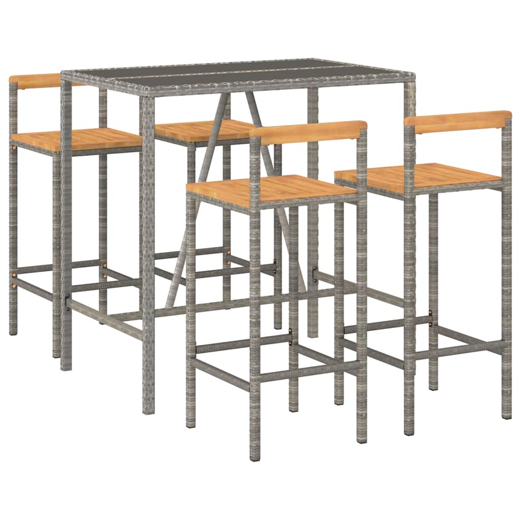 5 Pcs conjunto de bar p/ jardim vime PE/acácia maciça cinzento