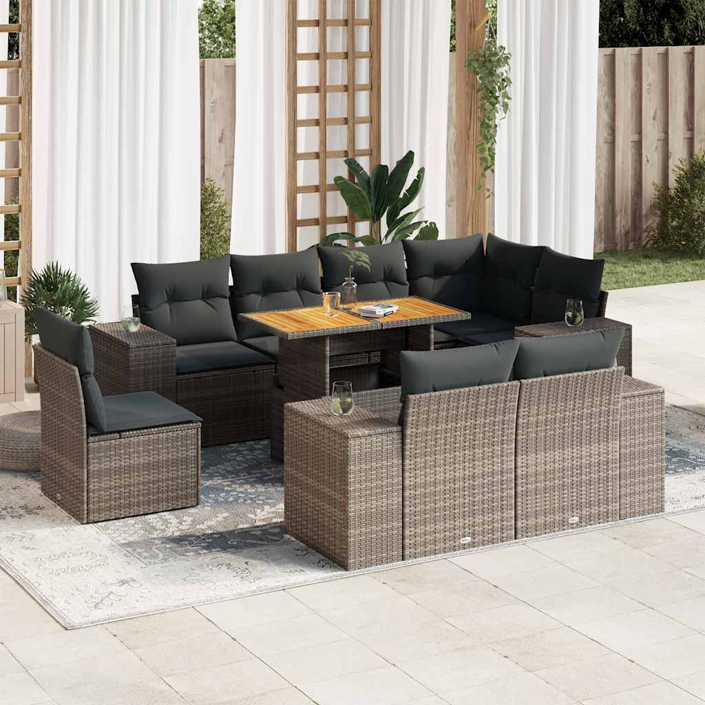 9 Pcs conjunto sofás p/ jardim com almofadões vime PE cinzento