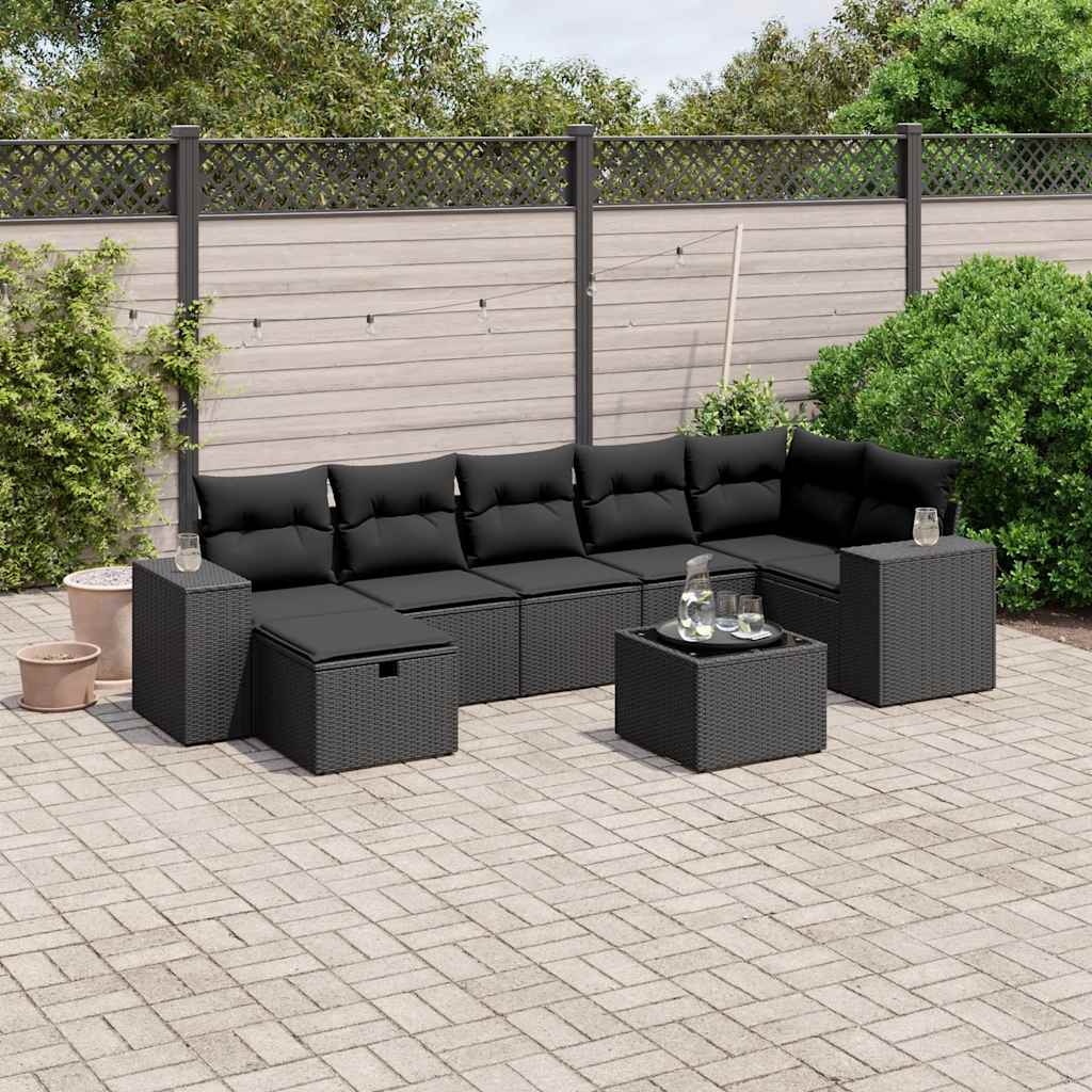 8 Pcs conjunto sofás de jardim com almofadões vime PE preto