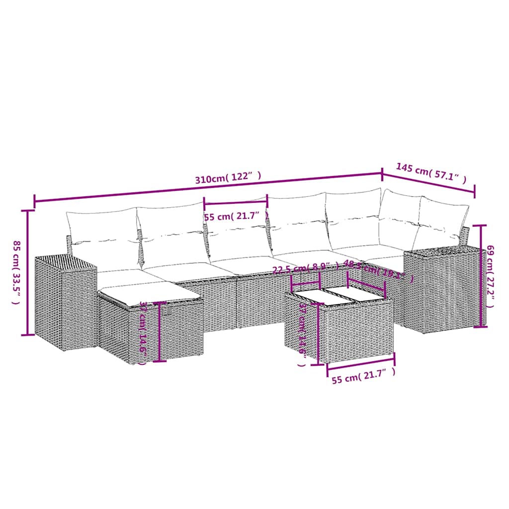 8 Pcs conjunto sofás de jardim com almofadões vime PE preto