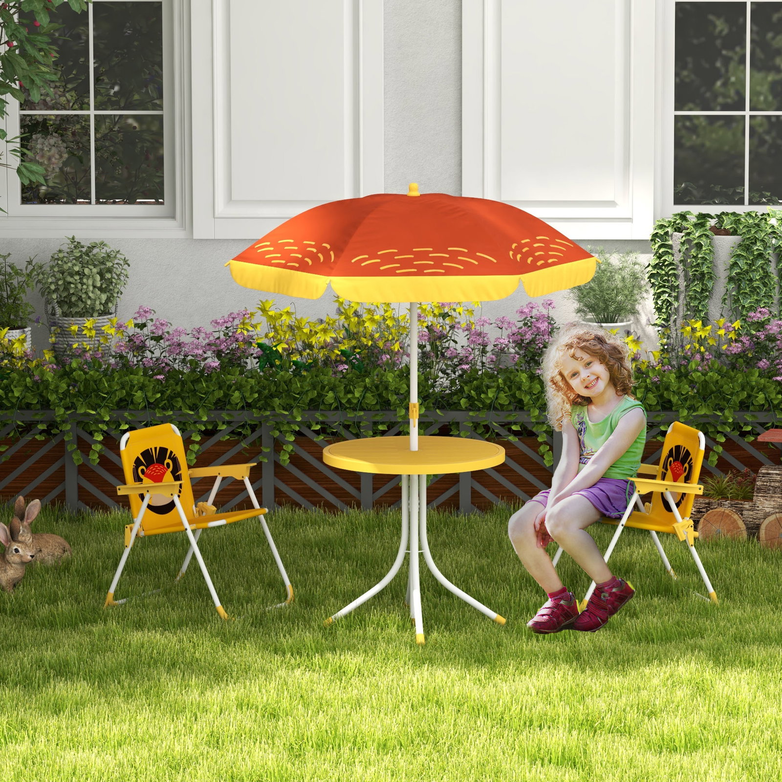 Conjunto infantil de mesa e cadeiras de exterior conjunto de 2 cadeiras dobráveis e mesa para crianças amarelo e castanho