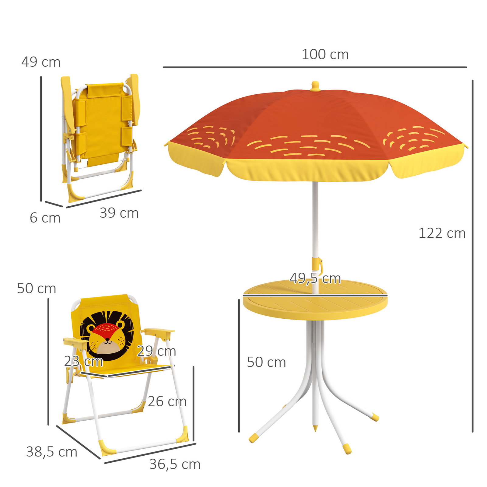 Conjunto infantil de mesa e cadeiras de exterior conjunto de 2 cadeiras dobráveis e mesa para crianças amarelo e castanho