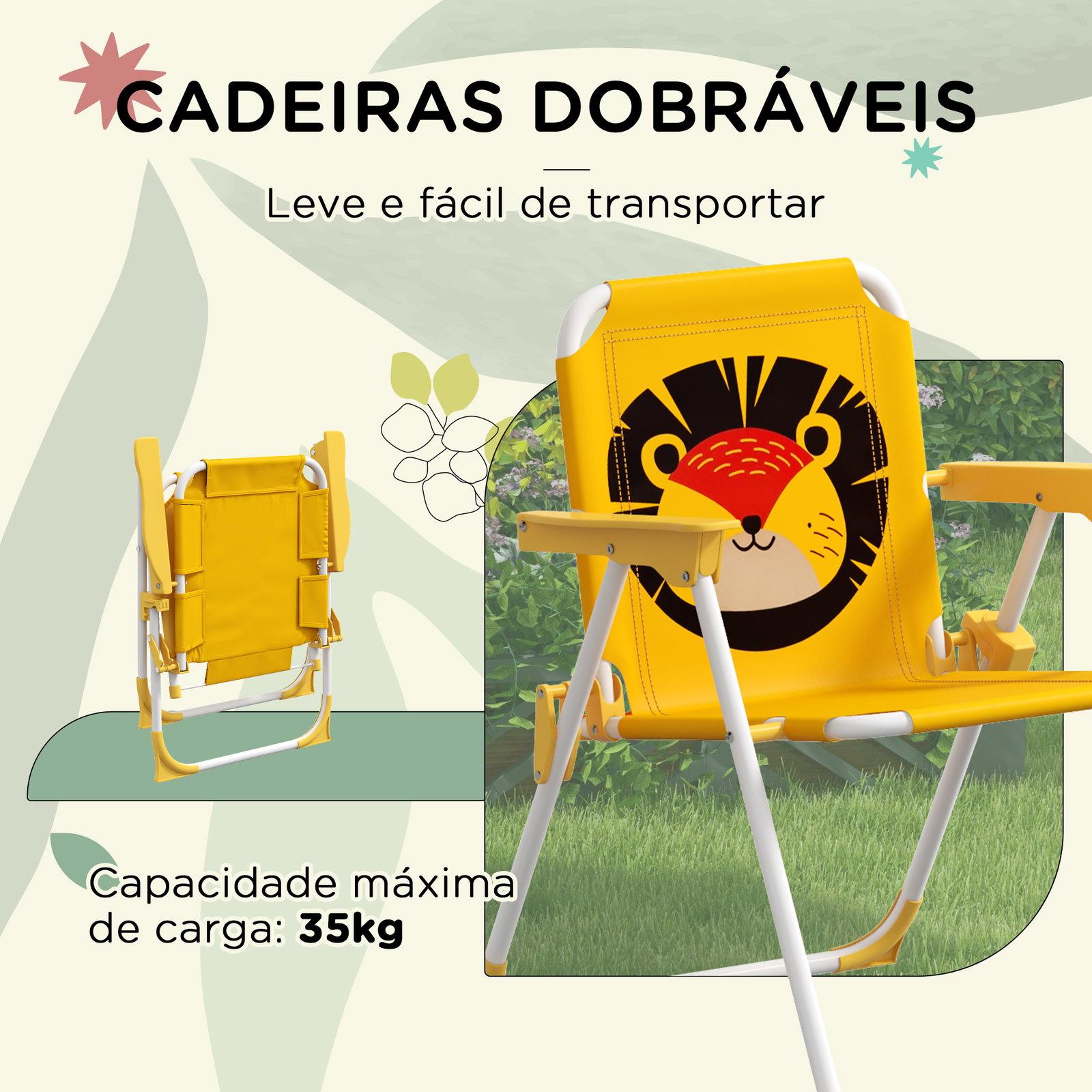 Conjunto infantil de mesa e cadeiras de exterior conjunto de 2 cadeiras dobráveis e mesa para crianças amarelo e castanho