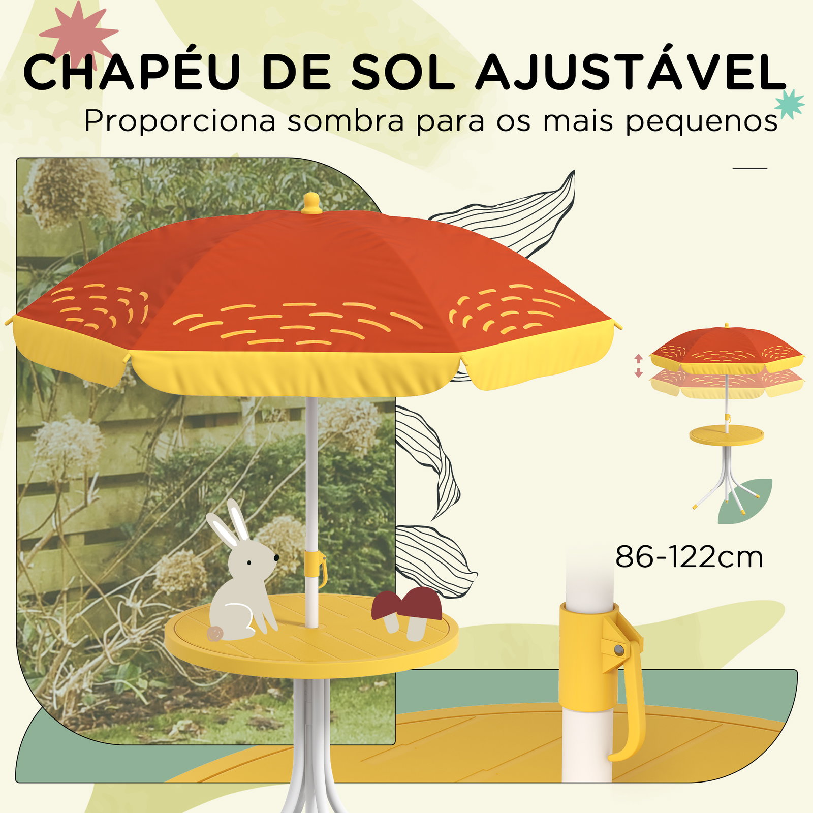 Conjunto infantil de mesa e cadeiras de exterior conjunto de 2 cadeiras dobráveis e mesa para crianças amarelo e castanho