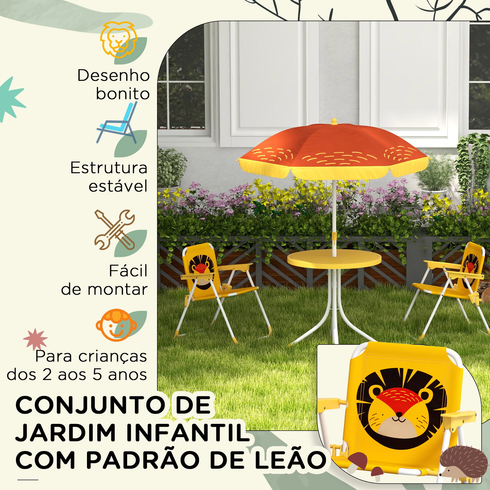 Conjunto infantil de mesa e cadeiras de exterior conjunto de 2 cadeiras dobráveis e mesa para crianças amarelo e castanho