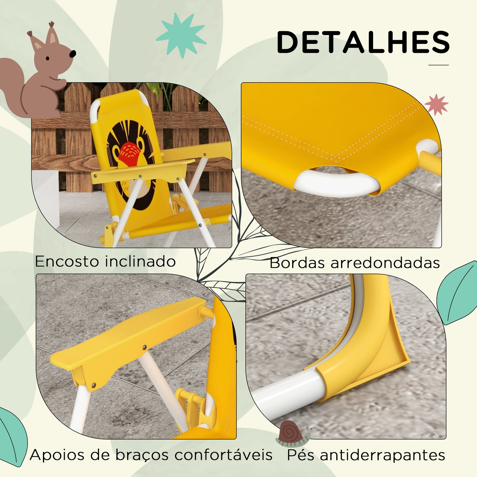 Conjunto infantil de mesa e cadeiras de exterior conjunto de 2 cadeiras dobráveis e mesa para crianças amarelo e castanho
