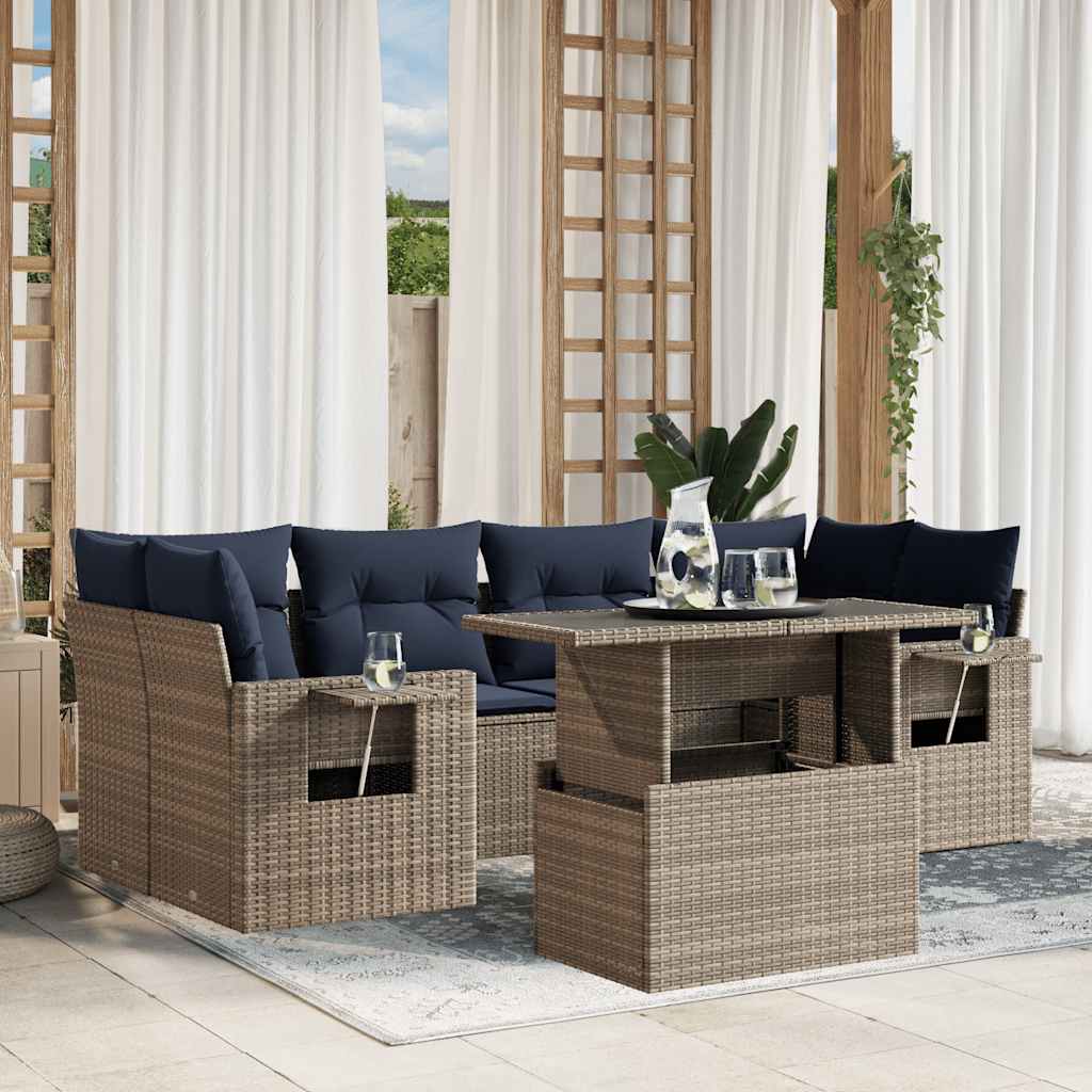 Conjunto de sofá de jardim com 7 peças e almofadas em rattan sintético cinza