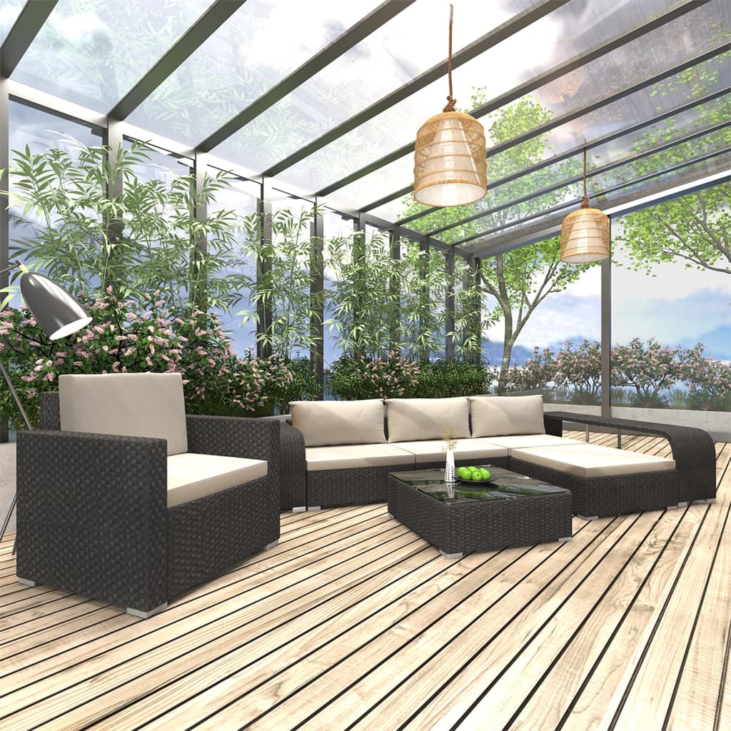 8 Pcs conjunto lounge de jardim c/ almofadões vime PE preto