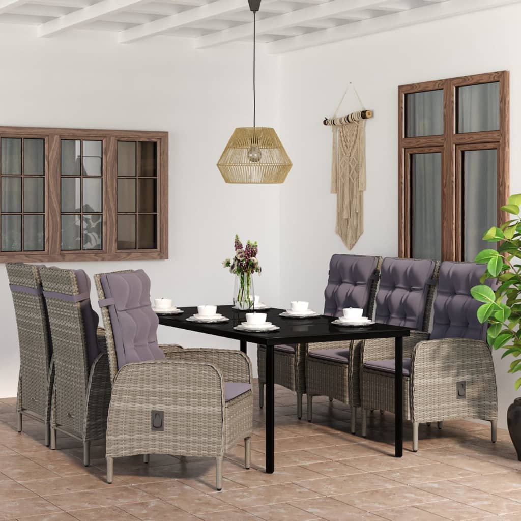 7 Pcs conjunto de jantar p/ jardim c/ almofadões cinza e preto