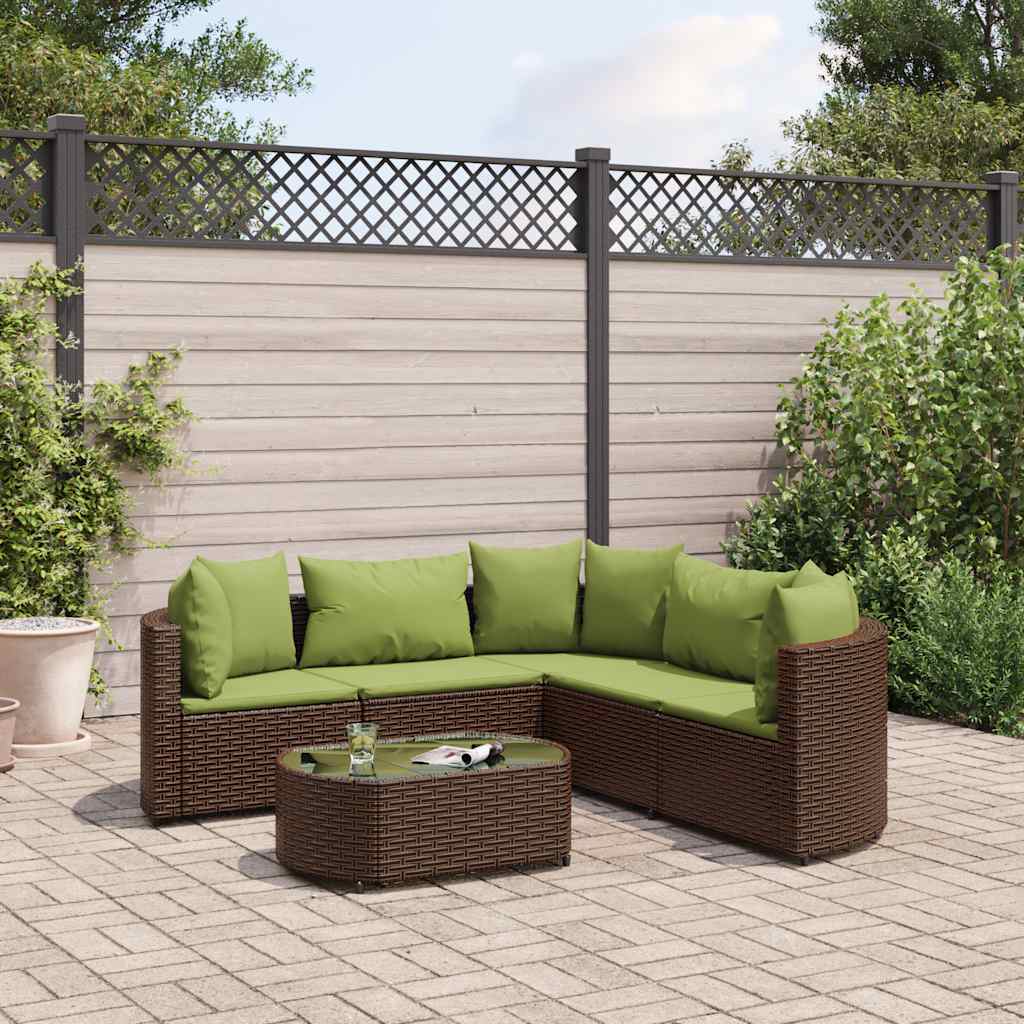 6 Pcs conjunto de sofás jardim c/ almofadões vime PE castanho