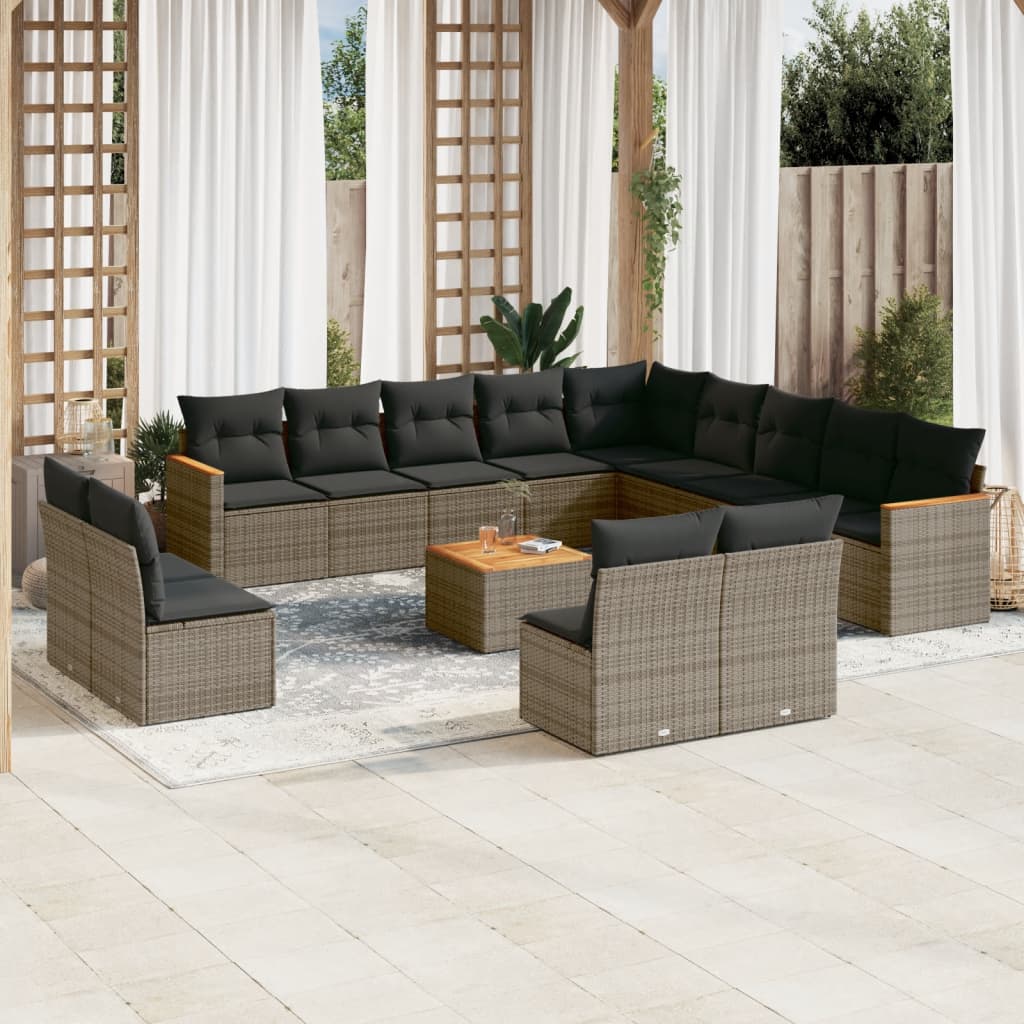 14 Pcs conjunto sofás p/ jardim c/ almofadões vime PE cinzento