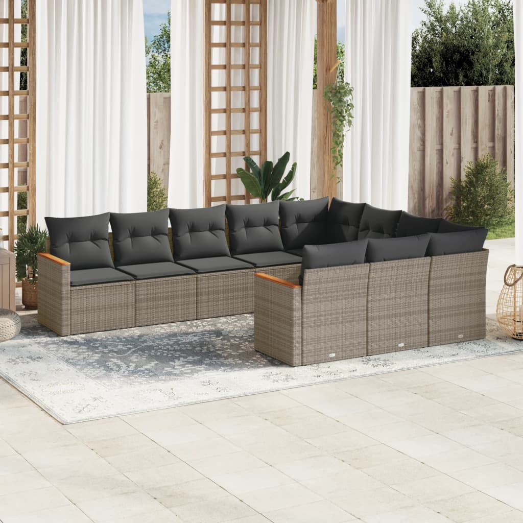 10 Pcs conjunto sofás de jardim c/ almofadões vime PE cinzento