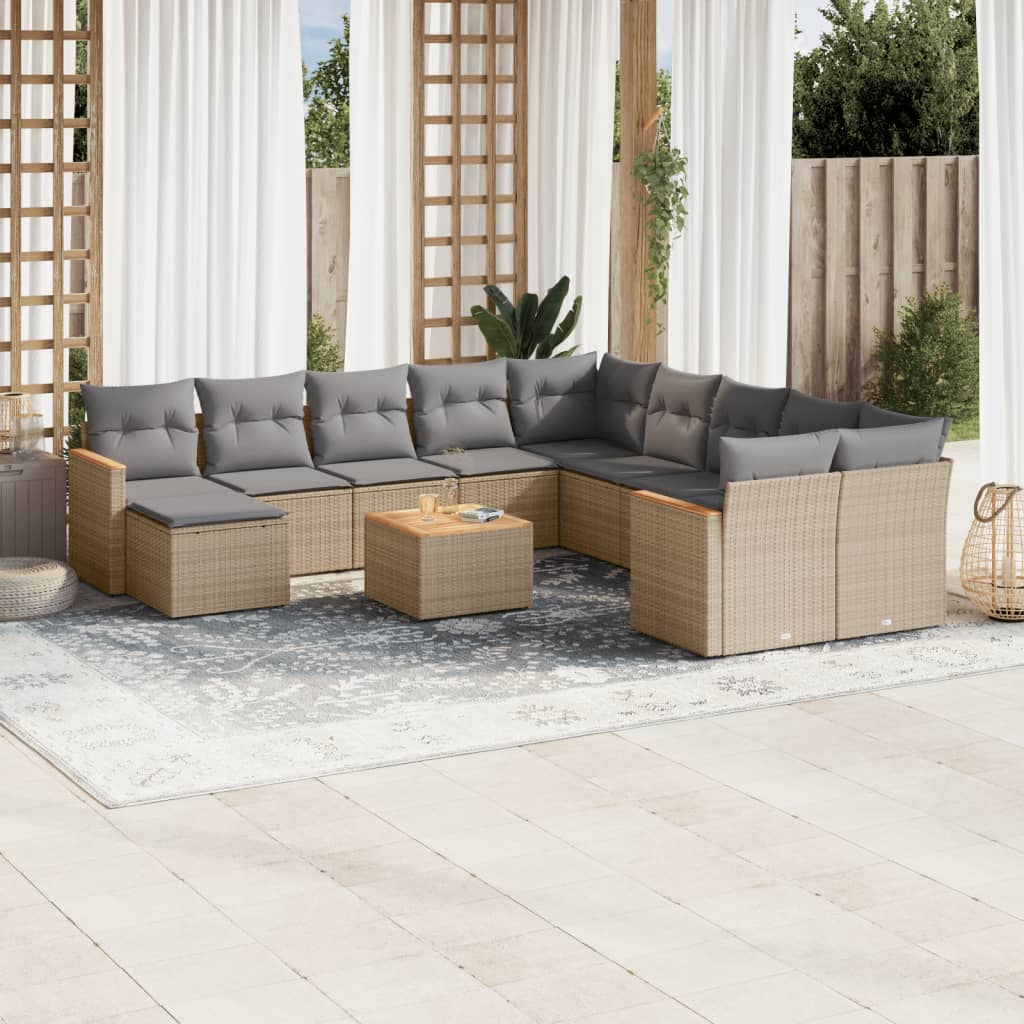 12 Pcs conjunto de sofás p/ jardim com almofadões vime PE bege