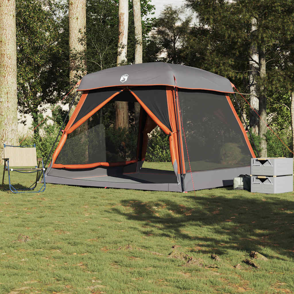 Tenda familiar estilo cabana 6 pessoas imperm. cinza/laranja