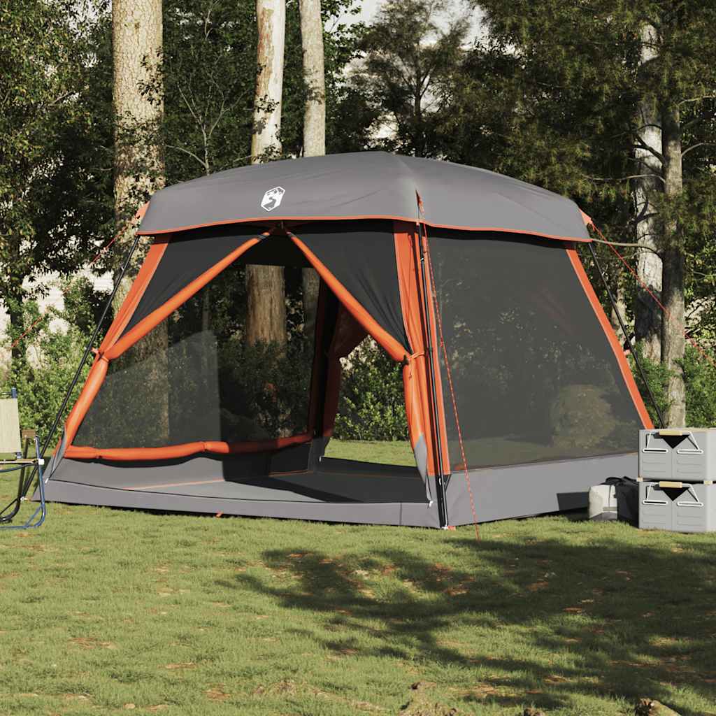 Tenda familiar estilo cabana 6 pessoas imperm. cinza/laranja