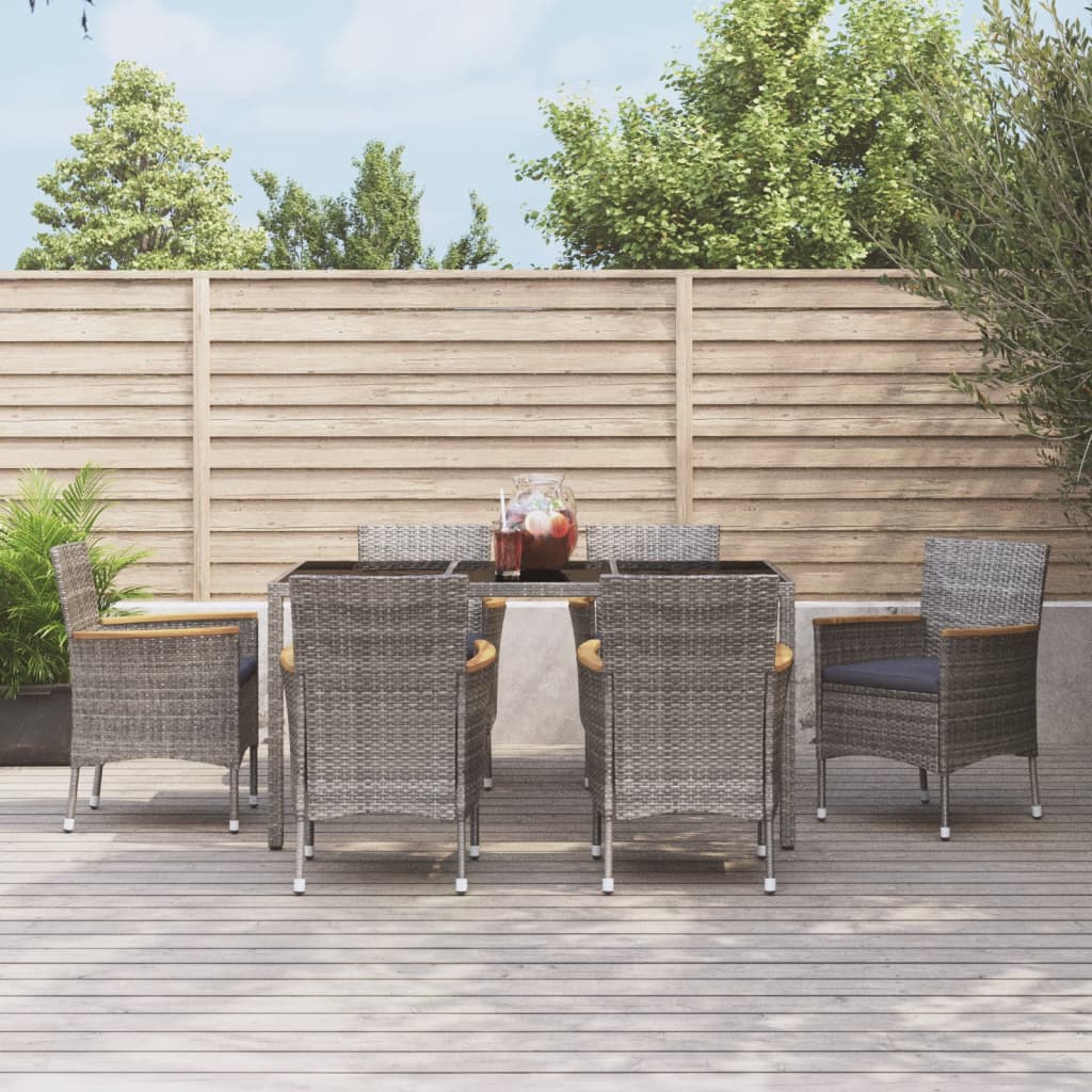 7 Pcs conjunto de jantar p/ jardim c/ almofadões vime PE cinza