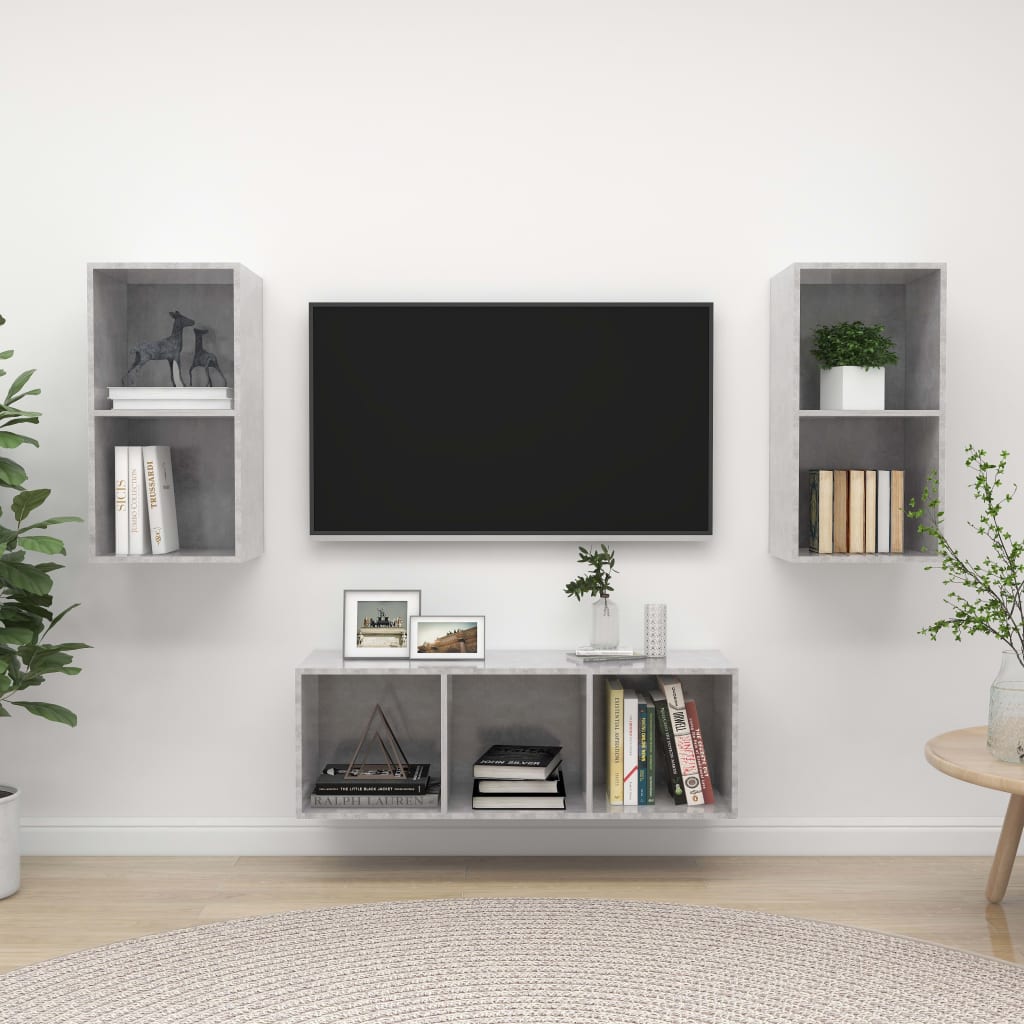 3 Pcs conjunto de móveis de TV contraplacado cinzento cimento