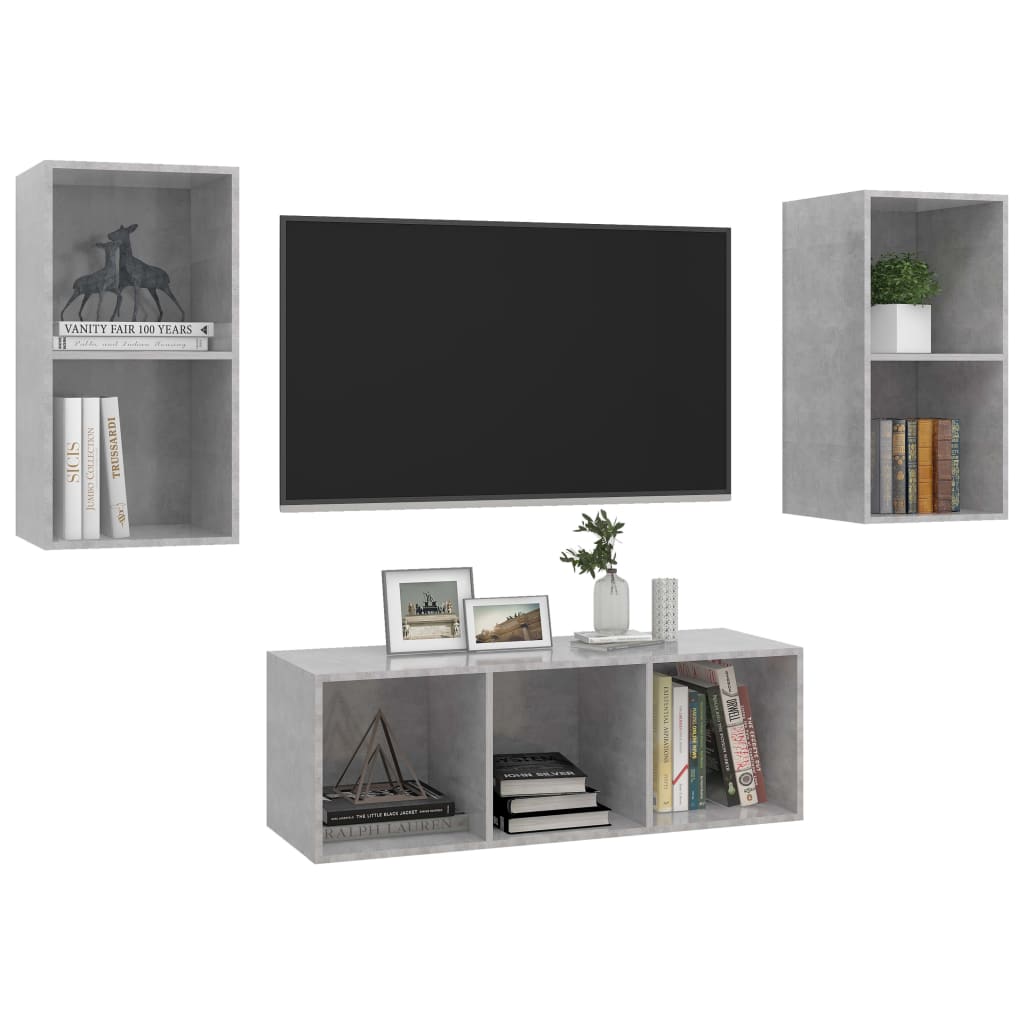 3 Pcs conjunto de móveis de TV contraplacado cinzento cimento