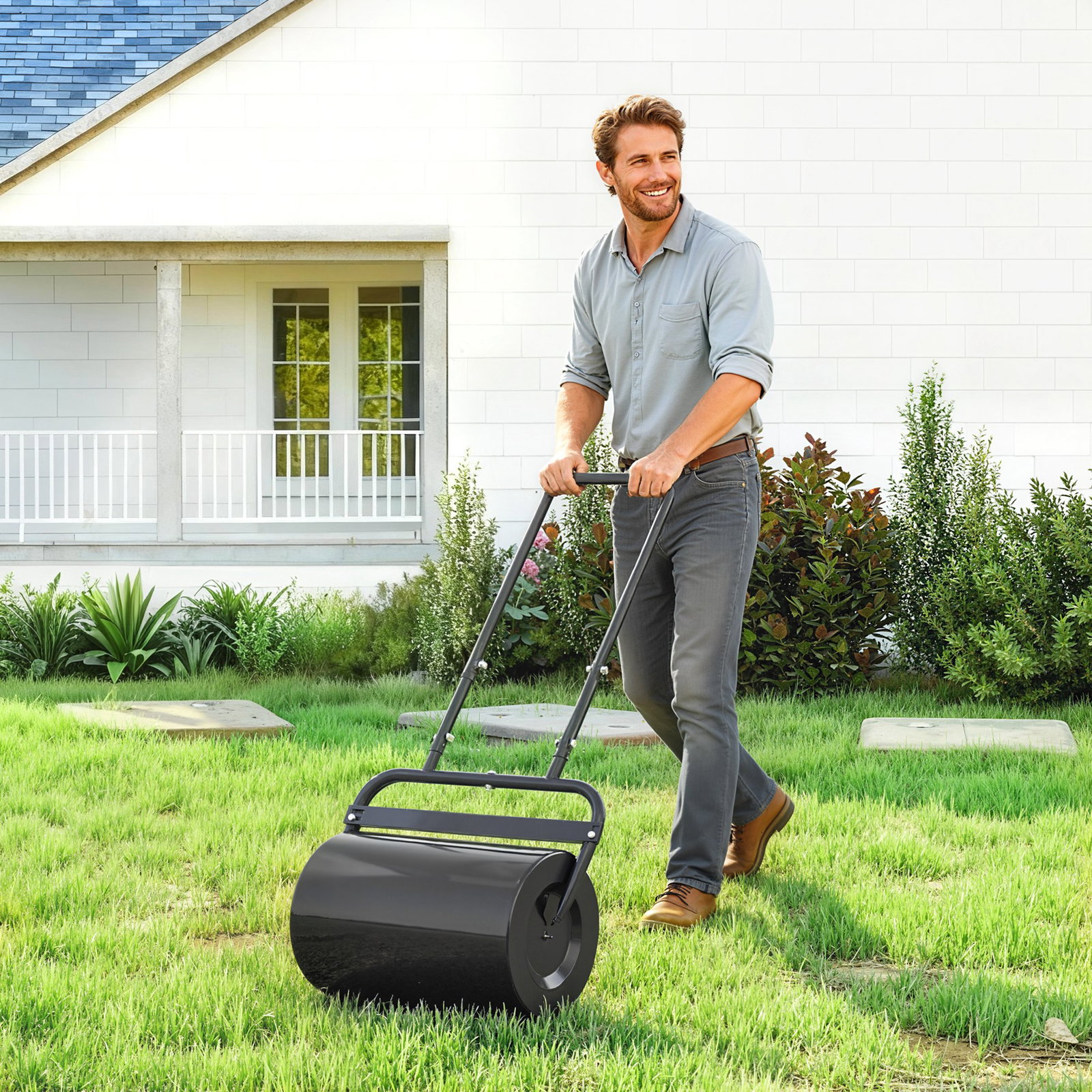 Rolo para relva largura 58cm ø32cm rolo para relvado 38l preenchível de areia ou água com guiador em u para jardim preto