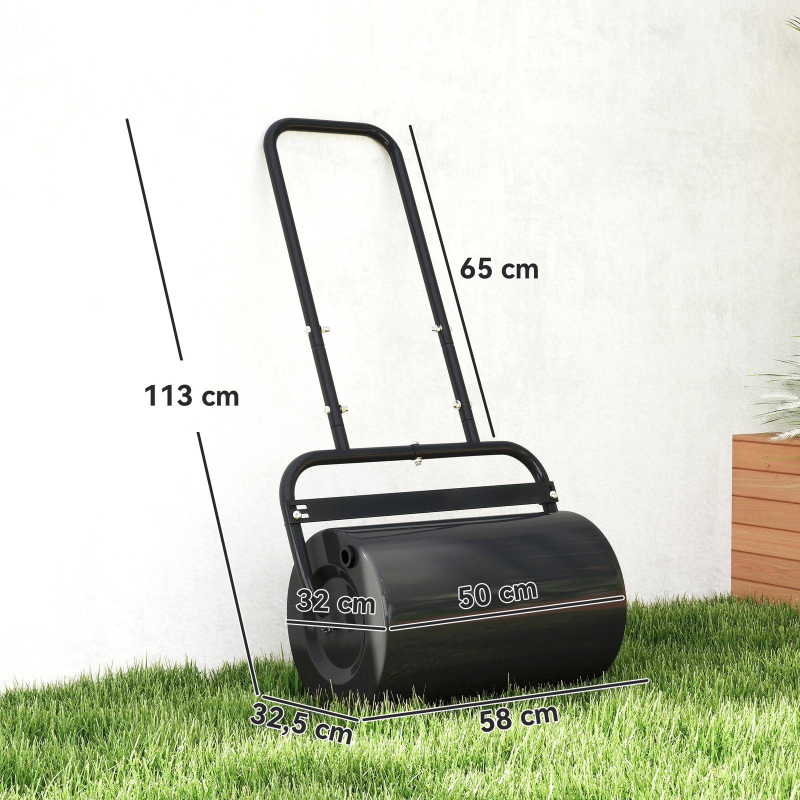 Rolo para relva largura 58cm ø32cm rolo para relvado 38l preenchível de areia ou água com guiador em u para jardim preto