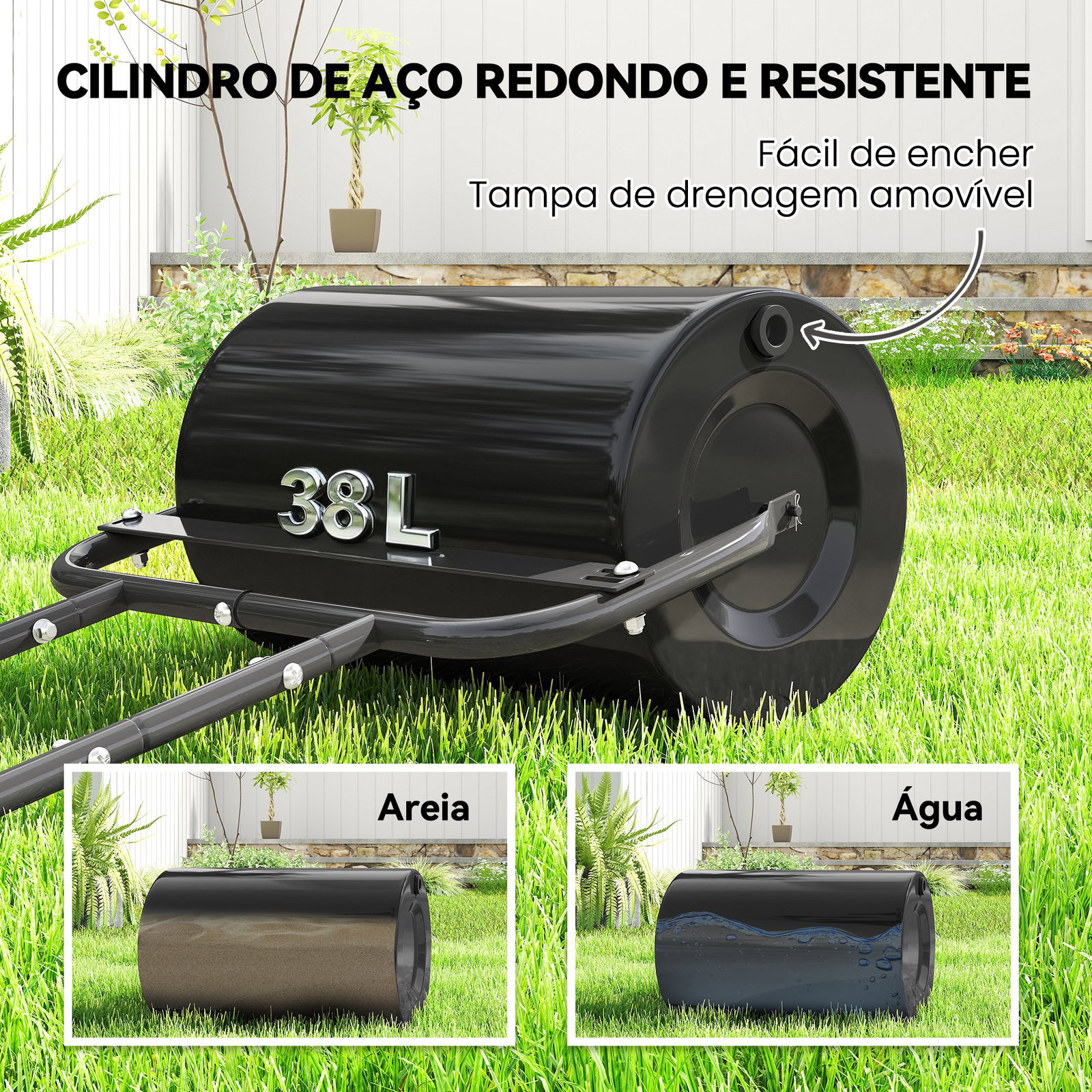 Rolo para relva largura 58cm ø32cm rolo para relvado 38l preenchível de areia ou água com guiador em u para jardim preto