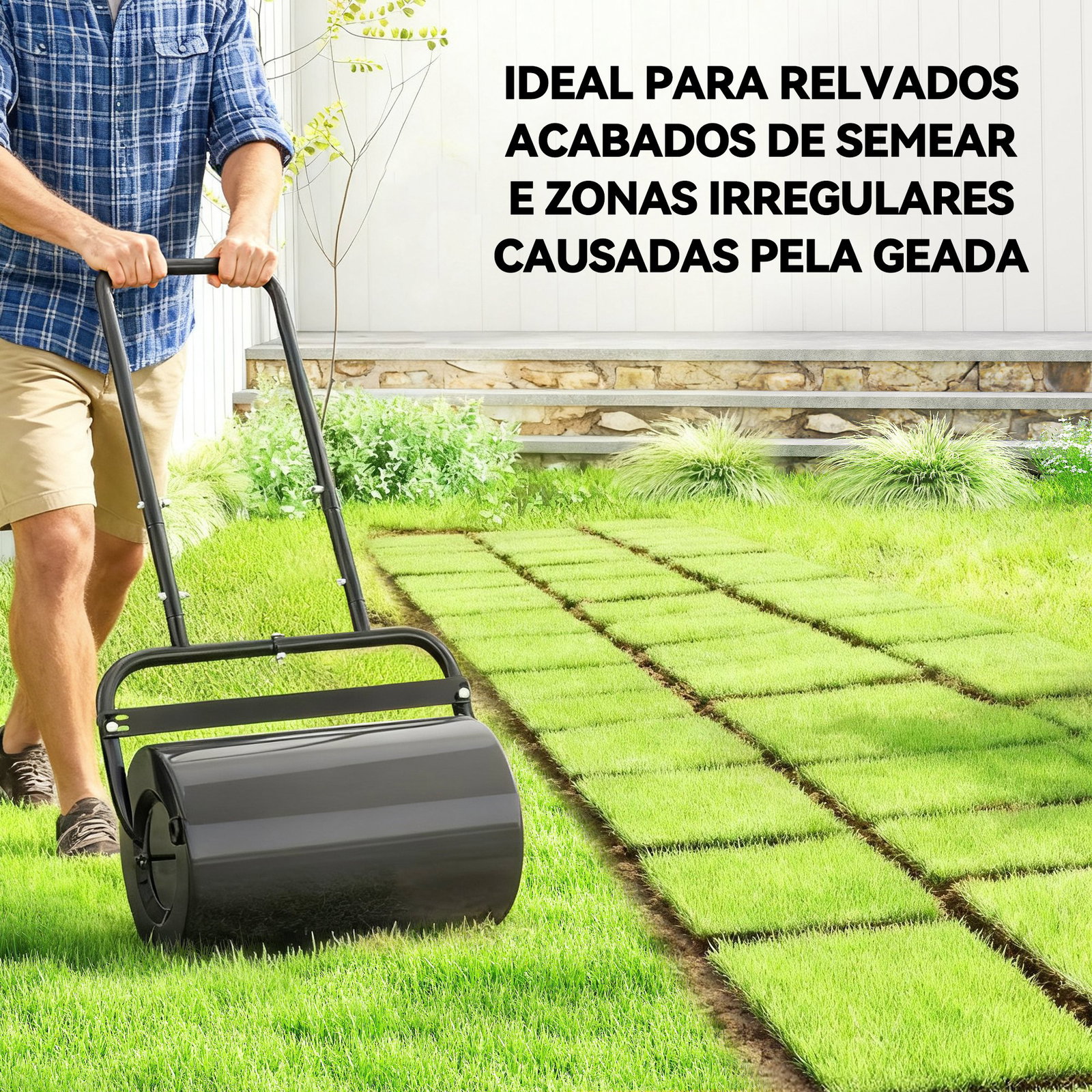 Rolo para relva largura 58cm ø32cm rolo para relvado 38l preenchível de areia ou água com guiador em u para jardim preto