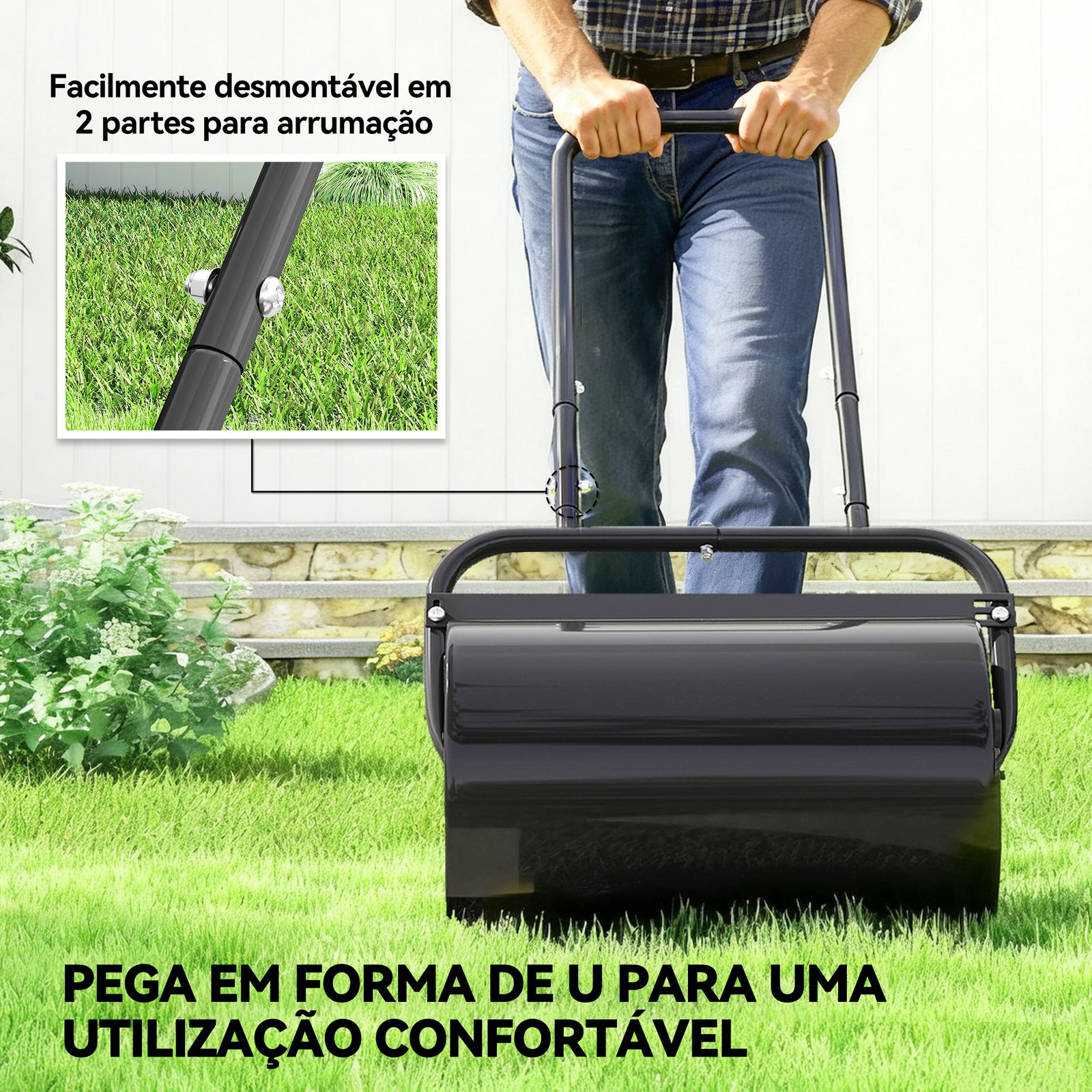 Rolo para relva largura 58cm ø32cm rolo para relvado 38l preenchível de areia ou água com guiador em u para jardim preto