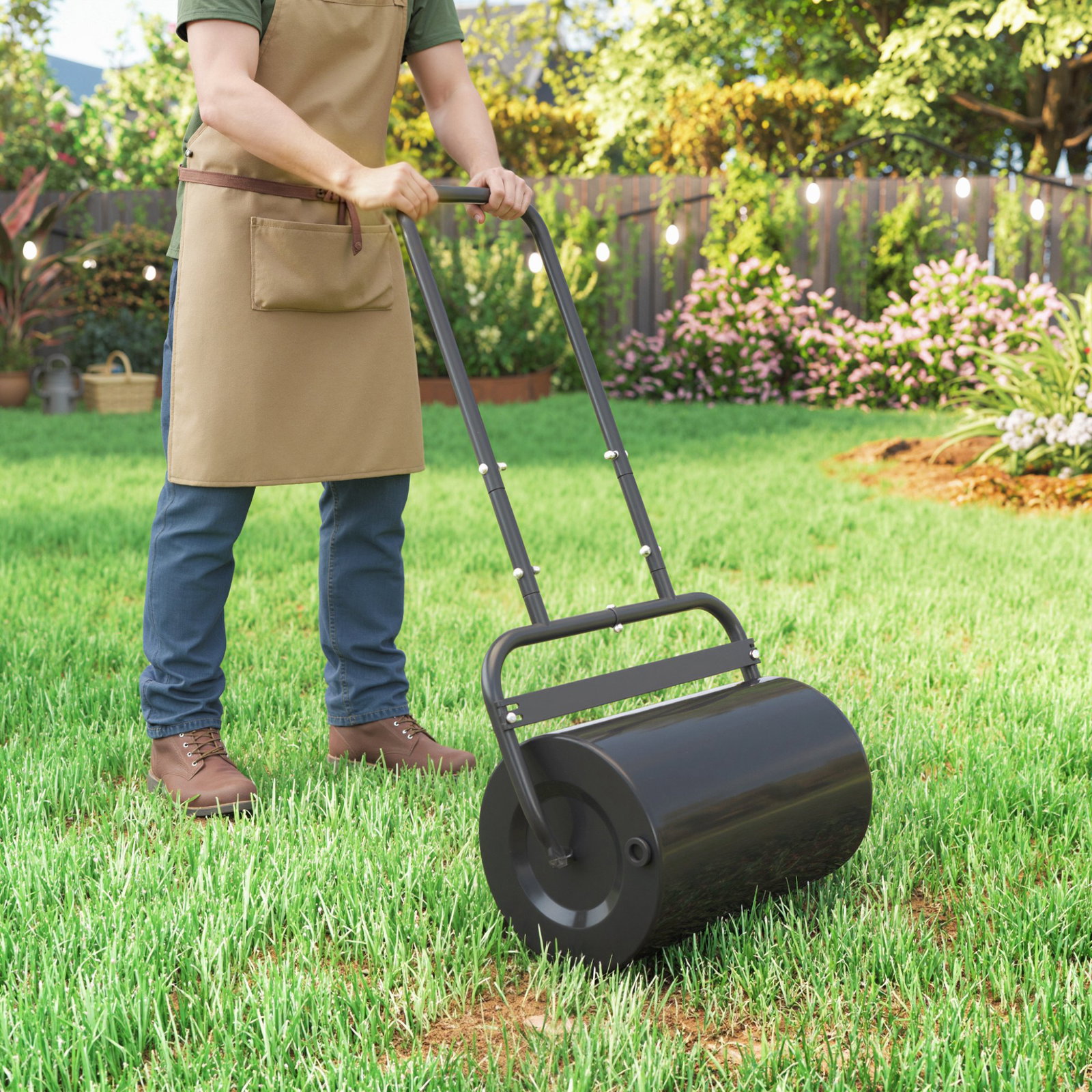Rolo para relva largura 58cm ø32cm rolo para relvado 38l preenchível de areia ou água com guiador em u para jardim preto