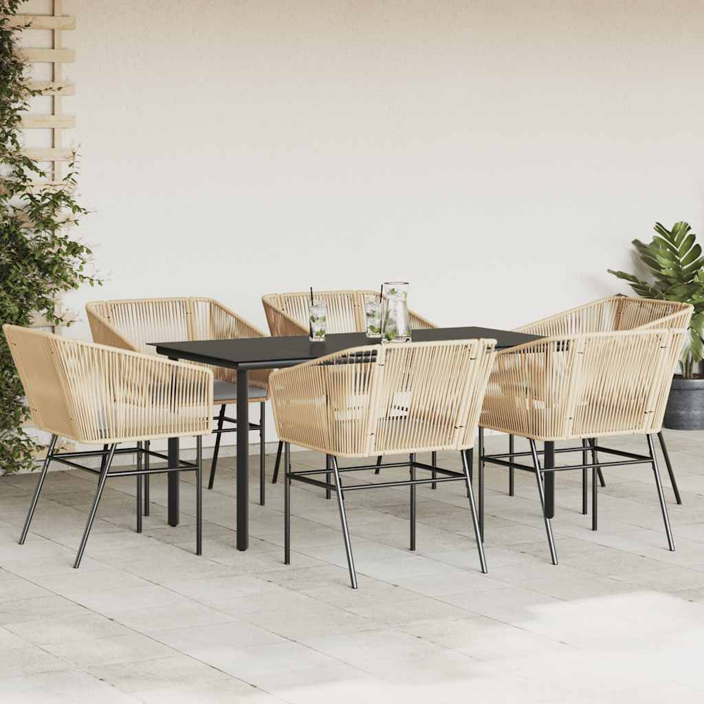 Conjunto jantar jardim 7 peças almofadas vidro vime PE castanho