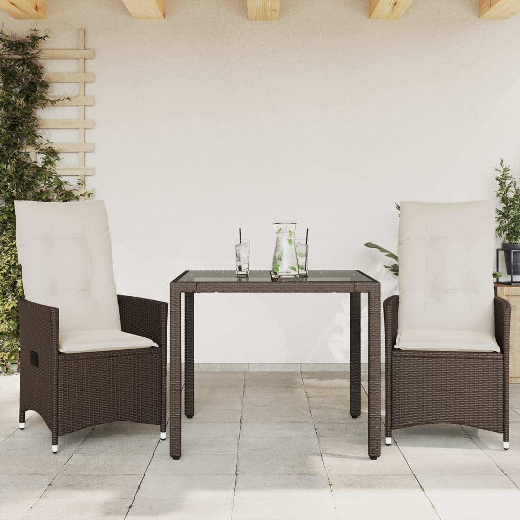 3 Pcs conjunto bistrô com almofadões vime PE castanho